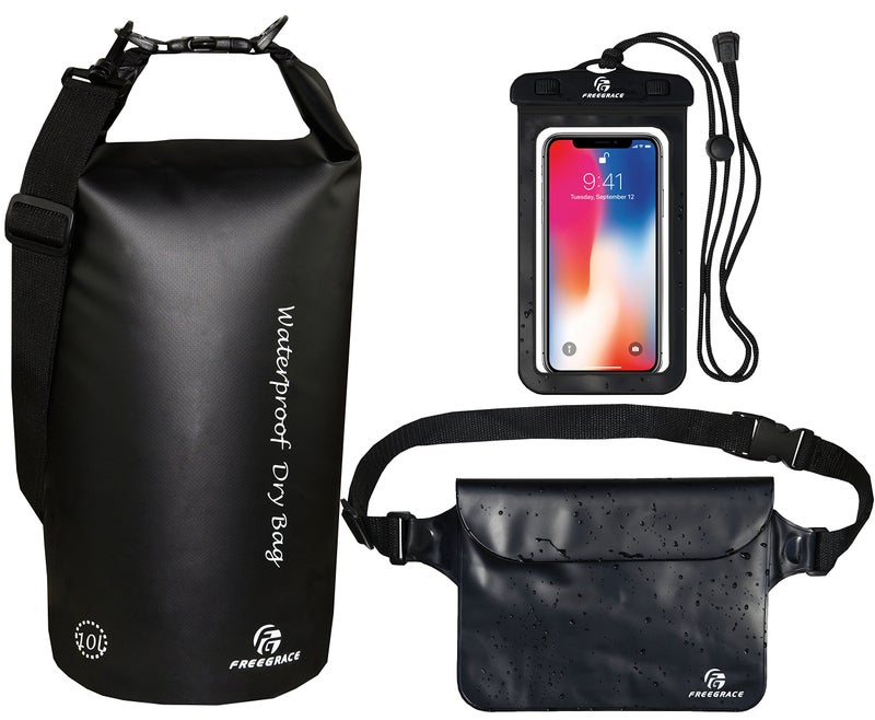 Freegrace Waterproof Dry Bags Set Of 3 Dry Bag With 2 Zip Lock Seals & Detachable Shoulder Strap, Waist Pouch & Phone Case - Can Be Submerged Into Water - For Swimming (Black, 10L) - Image 1